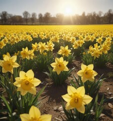 Obraz premium Glistening daffodil petals, a sea of yellow in a sun-drenched field , closeup, botanical