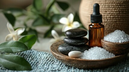 A serene spa scene with essential oils, smooth stones, and sea salt arranged for a facial treatment.