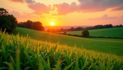 vibrant golden hues on a blurred green landscape at sunset , blur, green