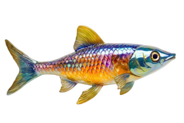 Colorful decorative fish sculpture with vibrant hues of orange, blue, and purple, showcasing intricate detailing.