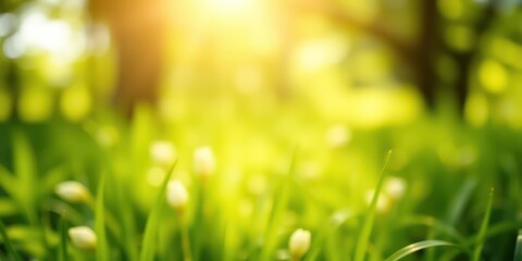 Obraz premium Serene Meadow Sunlit Grass and Delicate White Blossoms in a Peaceful Landscape