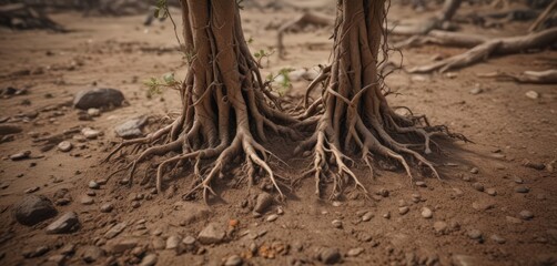 Twisted roots emerging from soil, earthy hues , ground, detail
