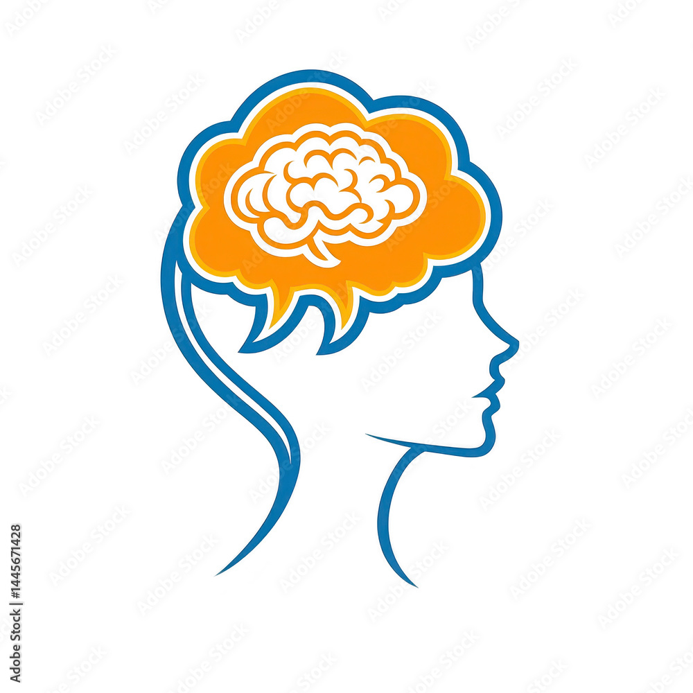 Poster silhouette of human head with brain inside speech bubble, symbolizing communication and thought. des