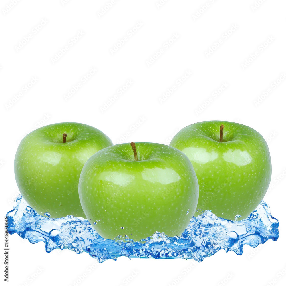 Poster three fresh green apples are surrounded by splashes of water, creating refreshing and vibrant scene.