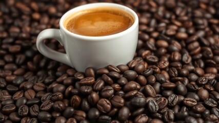 Fototapeta premium Aromatic Espresso in a Small White Cup Nestled Amongst Roasted Coffee Beans