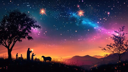 Fototapeta premium Birth of Jesus illustrated with classic nativity figures and glowing star in night sky