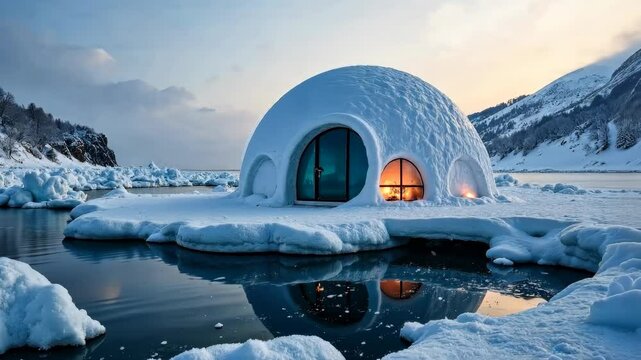 Modern dome-shaped igloo with glowing interior on icy lake, realistic style, snowy mountain background, concept of winter retreat serenity