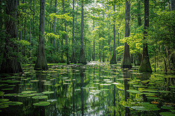 Experience the breathtaking beauty of majestic cypress trees and enigmatic swamps as they dance in perfect harmony, showcasing the delicate interplay between terrestrial and aqueous realms and nurturi