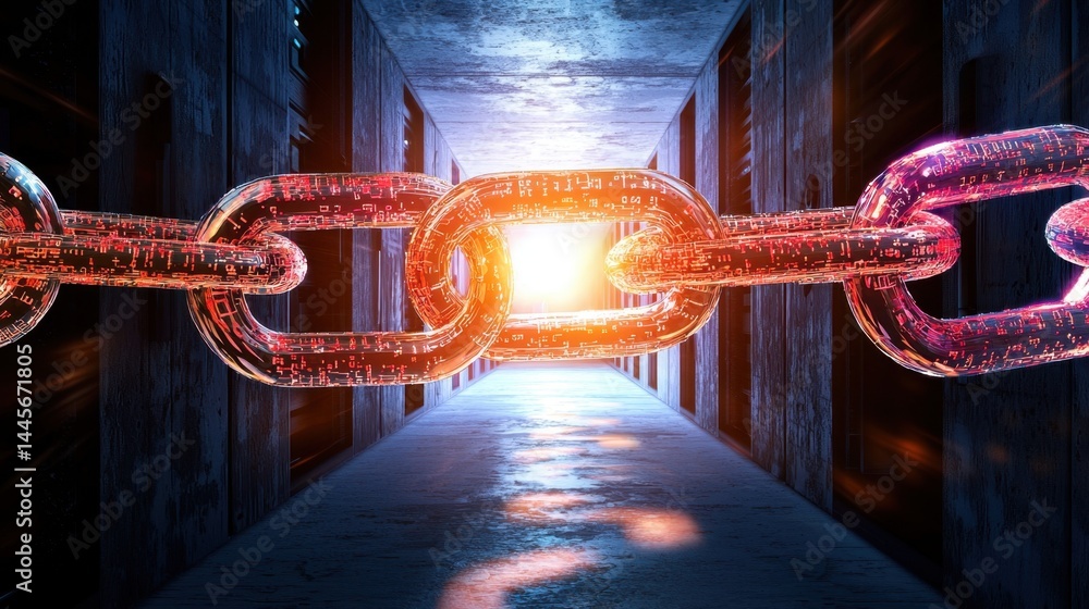 Poster blockchain code overlays on secure server room, digital security advancement concept