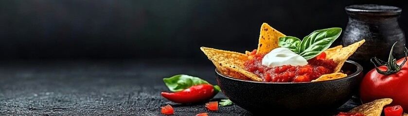 A bowl of nachos with toppings on a textured surface