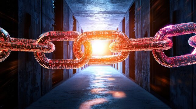 Blockchain code overlays on secure server room, digital security advancement concept