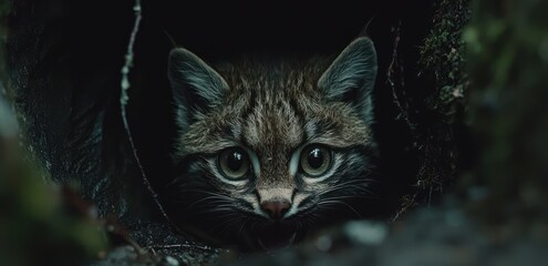 A Wild Feline Cat Creature Peeking Out From Its Den