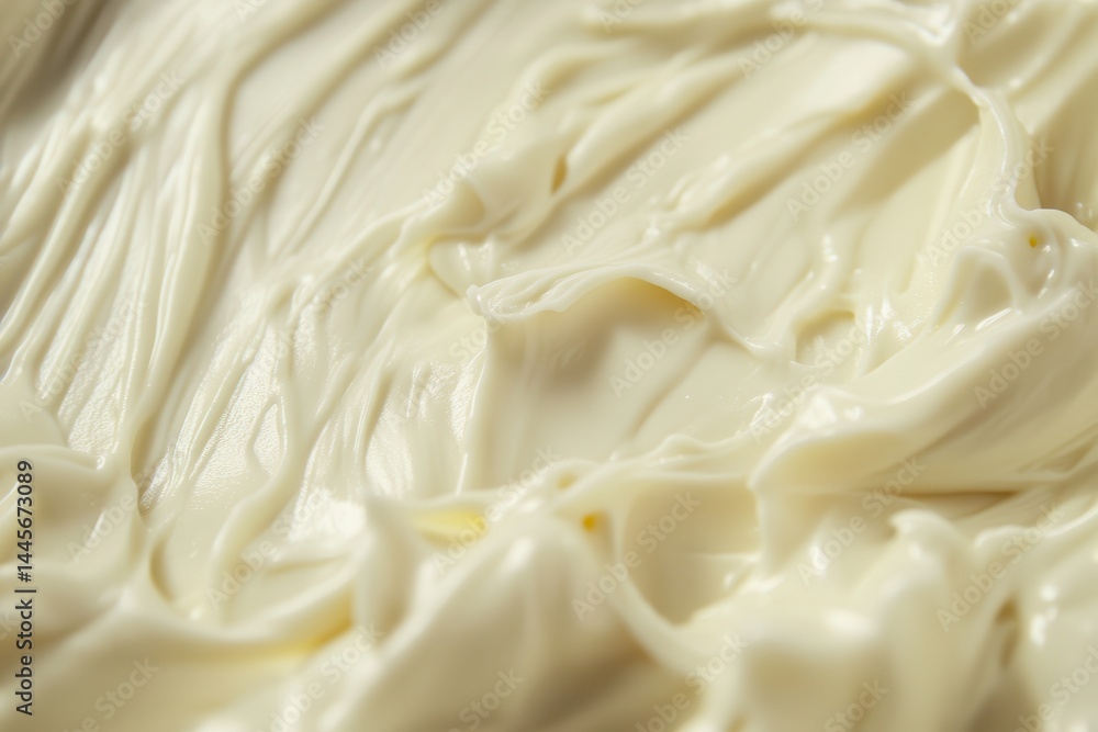 Poster close-up texture of smooth, thick, pale yellow or white cream or frosting with rippled and swirled p