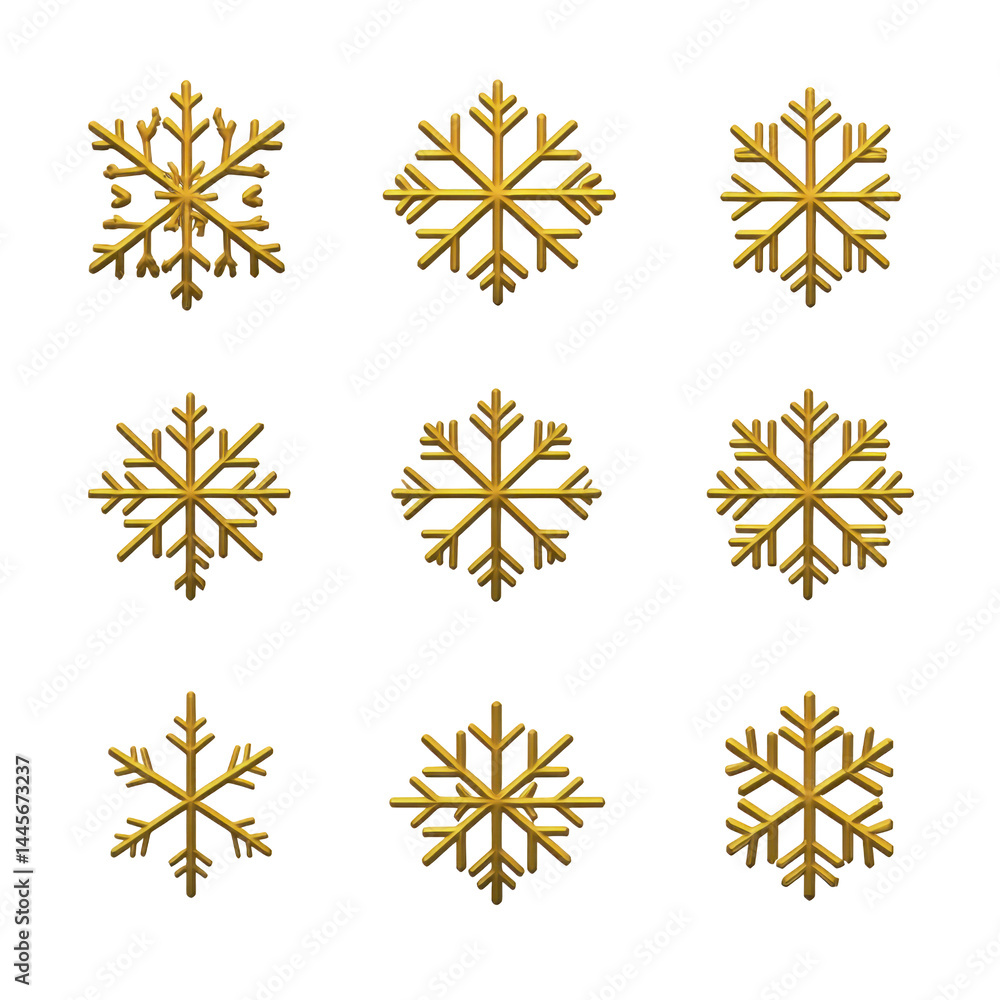 Poster golden snowflakes arranged in grid pattern on transparent background, showcasing intricate designs a