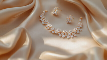 "Luxurious Harmony: Beautiful Necklace and Earrings on Beige Fabric, Flat Lay"


