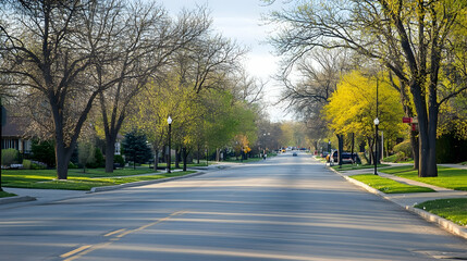 Tranquil Neighborhood Street Scene with Mature Trees and Sunlight