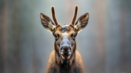 Fototapeta premium Close up portrait of a young antlered animal looking directly at the camera