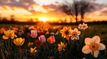 Obraz premium Field of colorful flowers blossoms during a beautiful sunset glow