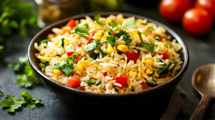 Colorful and flavorful rice dish with vegetables and aromatic herbs presentation