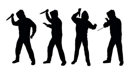 Vector silhouettes of a man in a hoodie holding knife attacking someone isolated on white background