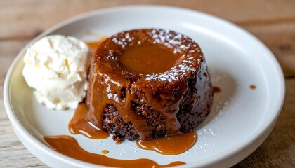 Delicious Caramel Sauce Drizzled Over Chocolate Lava Cake Served with Vanilla Ice Cream on a Plate