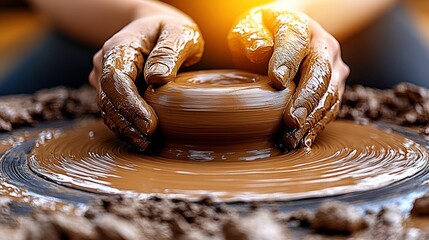 Shaping clay on pottery wheel