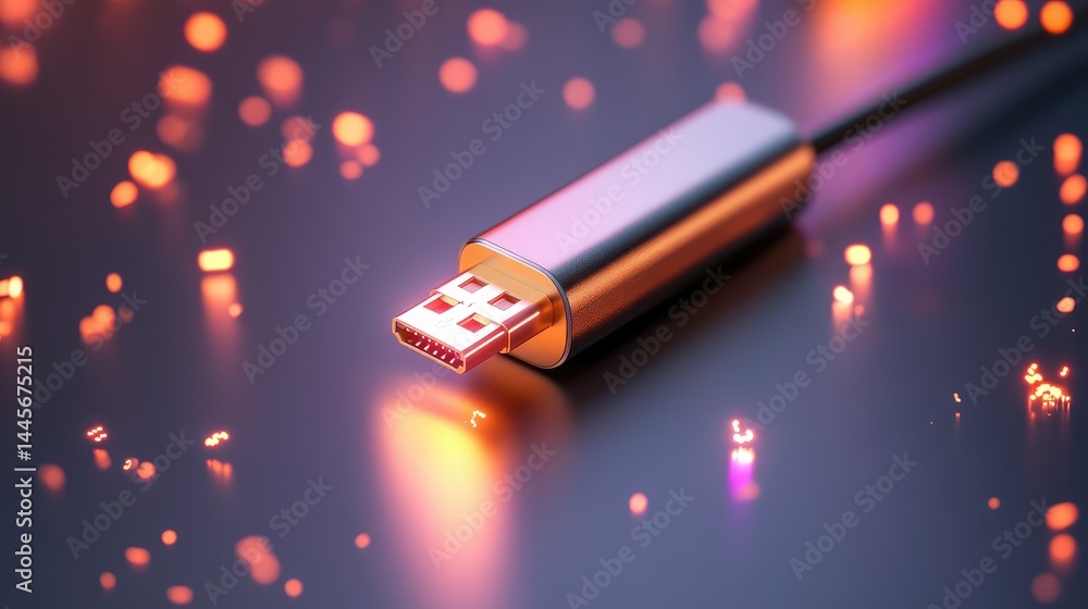 Poster glowing usb type-c connector levitating in void space, casting subtle reflections and light streaks