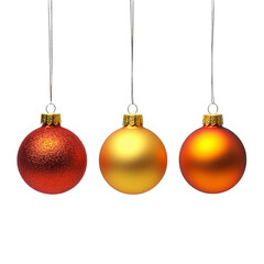 Three festive Christmas ornaments hang in row, featuring red glittery bauble, smooth gold bauble, and shiny orange bauble, all suspended by silver strings