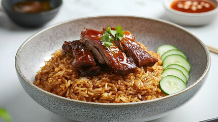 Delicious glazed pork belly on fried rice with fresh cucumbers in a bowl
