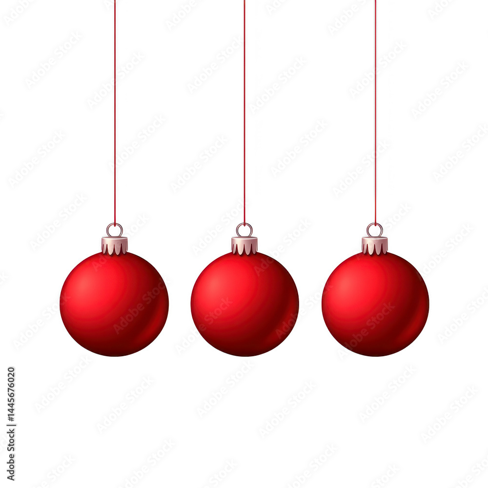 Poster three red christmas ornaments hang in row against transparency background, creating festive and eleg