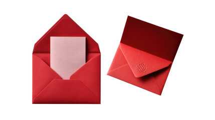 Red Envelopes with Notecard: Two elegant red envelopes, one open revealing a pale pink notecard, presented against a clean background, ideal for conveying messages of love, invitation.