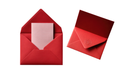 Red Envelopes with Notecard: Two elegant red envelopes, one open revealing a pale pink notecard, presented against a clean background, ideal for conveying messages of love, invitation.