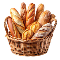 Assorted Artisan Breads in a Rustic Wicker Basket A Delightful Collection of Baked Goods isolated on transparent background