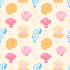 Seamless pattern with pastel seashells and ocean elements in a kawaii marine style. Cute vector background perfect for beach-themed textiles and summer decor