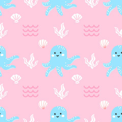 Kawaii Seamless pattern featuring cute octopuses and coral in a tropical underwater world. vector design perfect for childrens textiles and ocean-themed decor