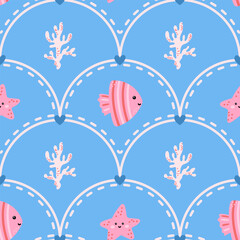 Kawaii sea seamless pattern with bubbles, shells, and fish. Vector design for childrens clothing, nursery items, and beach-themed wrapping