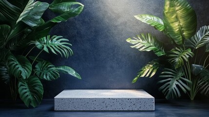 Grey Concrete Podium with Lush Tropical Foliage and Dramatic Lighting