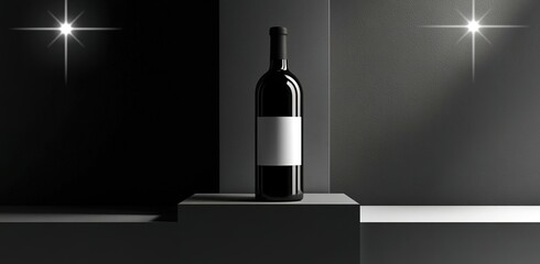 Wine bottle presentation mockup on a podium with space for a wine description. Concept for advertising, commercials, wineries, vineyards, restaurants.