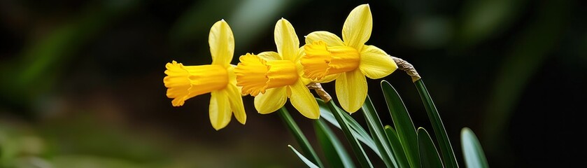 Three bright yellow daffodils blooming with green stems in sunlight
