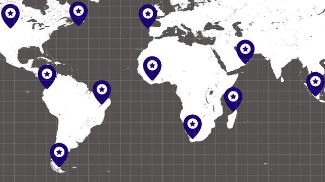Map pointer icons randomly located on all continents of the Earth.World travel map concept