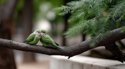 Green Parrots Cuddling on Branch