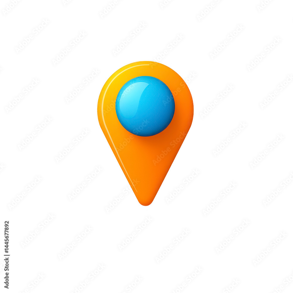 Poster 3d illustration of colorful map pin icon with blue sphere in center and orange outer shape, symboliz
