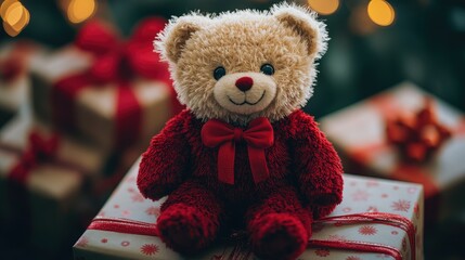 Adorable teddy bear sits amidst Christmas gifts