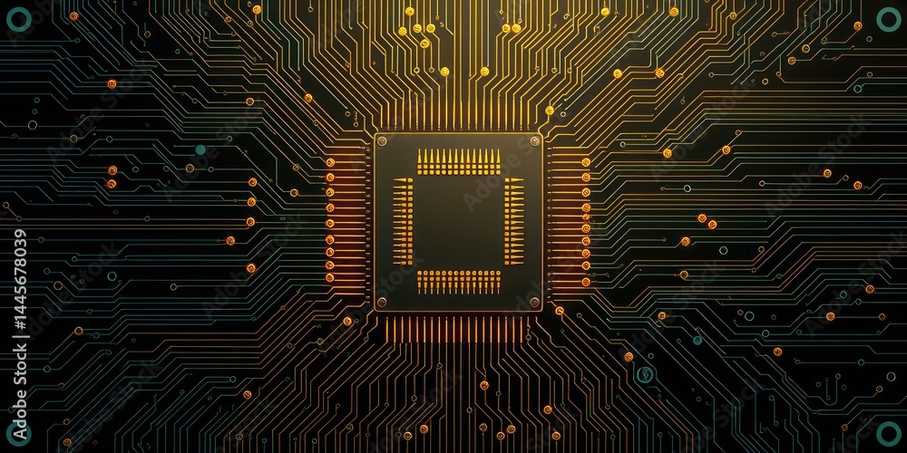 Aufkleber close-up view of a complex microchip circuit board with gold and teal pathways and connectors