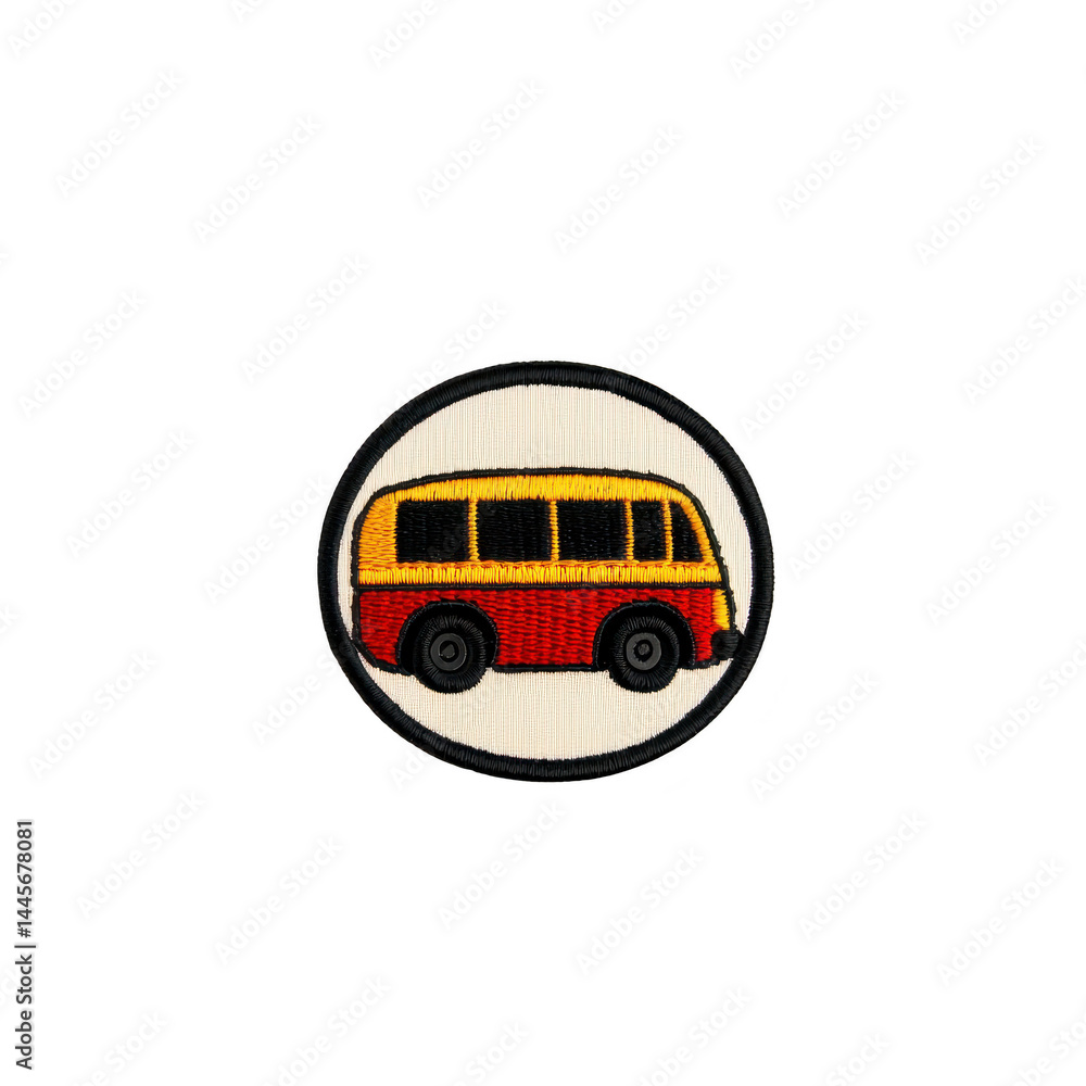 Poster round embroidered patch features colorful bus design, with red and yellow hues, set against transpar