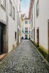 Traditional Azores street in Angra do Heroismo. Colorful houses in the capital of Terceira island. Portugal.