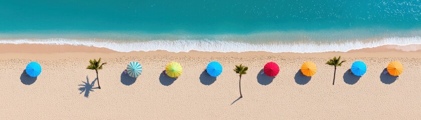 Overhead view of beach umbrellas and palm trees on sand
