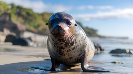 Obraz premium A curious sea lion observes from the sandy shoreline, gazing at the camera. Its fur glistens from the ocean, its eyes full of life, and a captivating expression