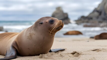 Naklejka premium A sea lion resting peacefully on a sandy beach, soaking up the sun near the sea. The sea lion looks content and relaxed, embodying tranquility.