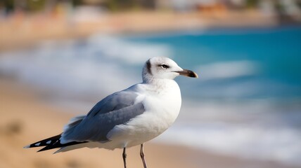 Obraz premium A beautiful seagull stands gracefully at the beach, gazing out over the ocean 